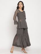 Ahalyaa Women Charcoal Grey Poly Chiffon Angrakha Kurta with Inner & Sharara - Distacart
