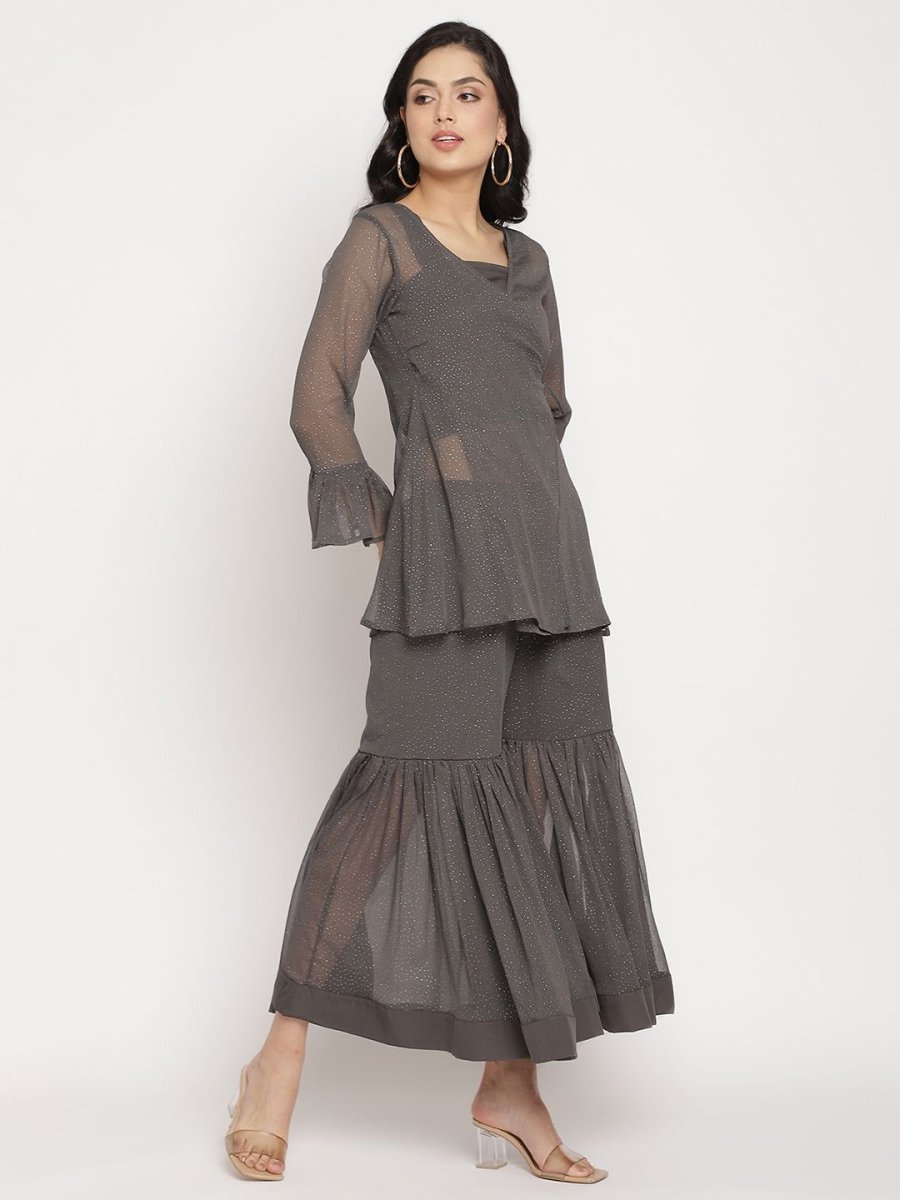 Ahalyaa Women Charcoal Grey Poly Chiffon Angrakha Kurta with Inner & Sharara - Distacart