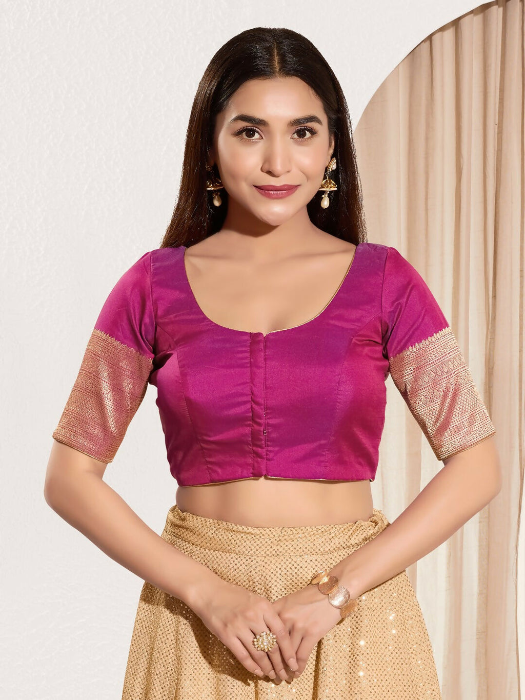Joban Fashion Purple Taffeta Silk Padded Blouse With Round Neck Elbow Sleeves - Distacart
