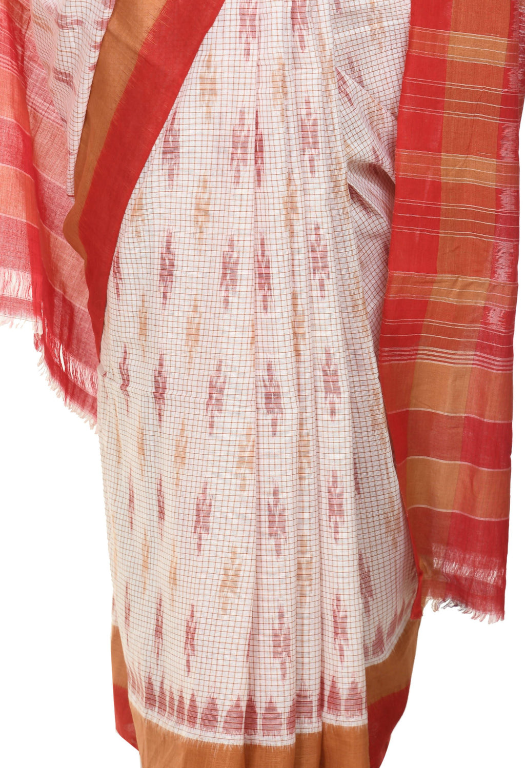 Vamika Sambalpuri Ikat Cotton Dehabandha Badafula White & Light Red Saree - Distacart