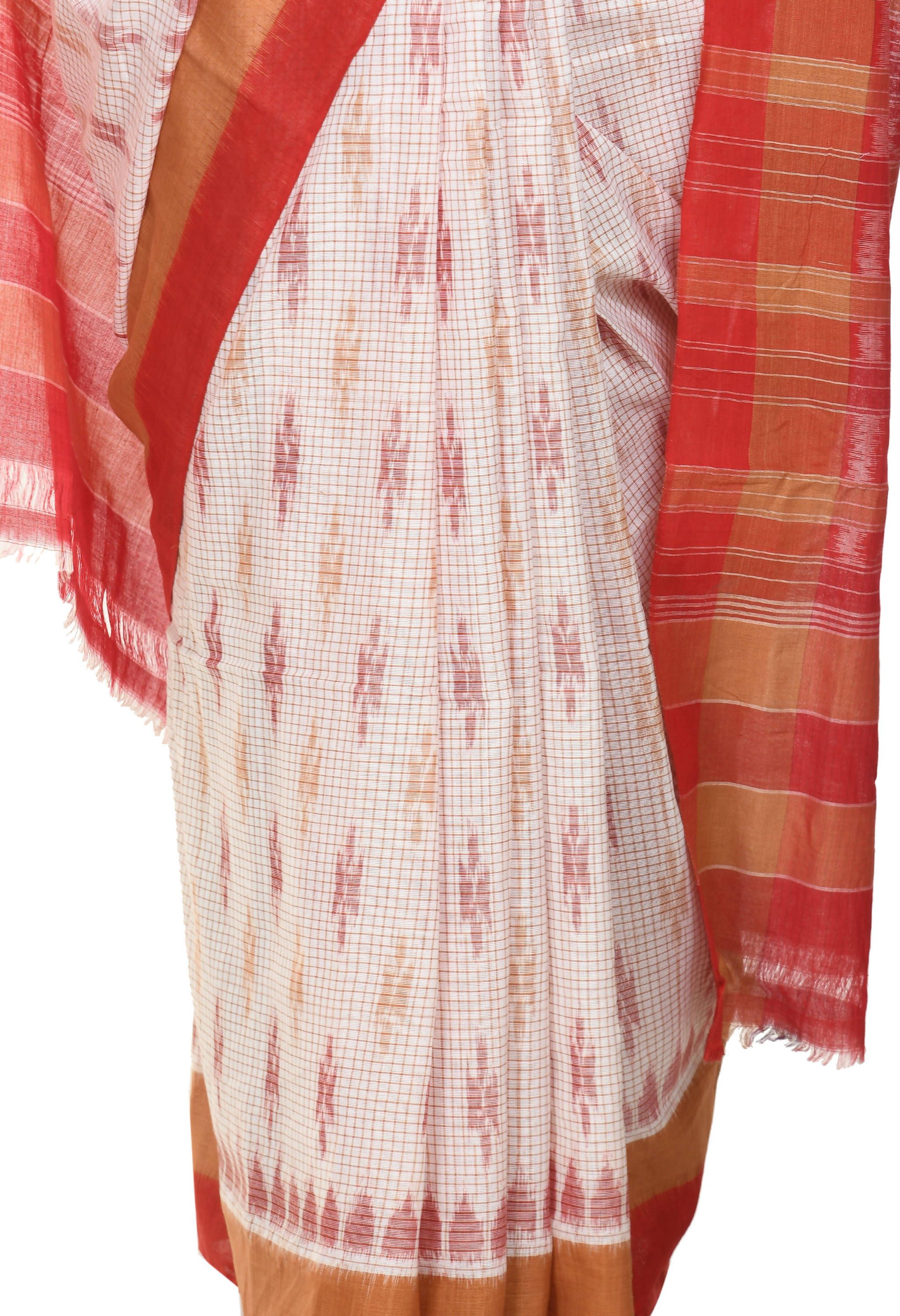 Vamika Sambalpuri Ikat Cotton Dehabandha Badafula White & Light Red Saree - Distacart