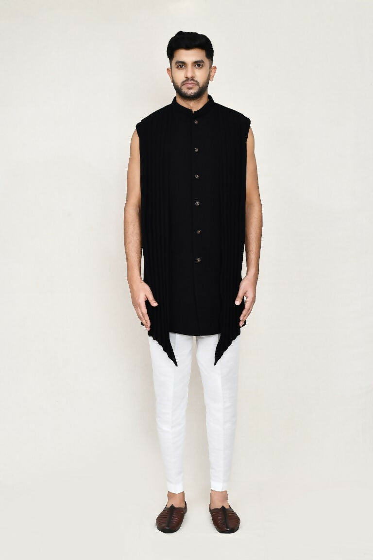 Joban Fashion Black Colored Velvet Based With Full Embroidered Fabric Open Jacket, Indo Western With Pant