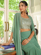 Janasya Sage Green Georgette Sequined Top Bottom Cape