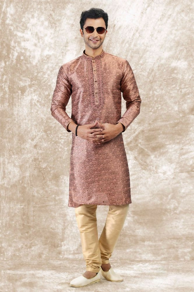 Raivat Ethnic Jacquard Silk Brocade Mirror and Thread Work Kurta Pajama In Onion Pink Colour