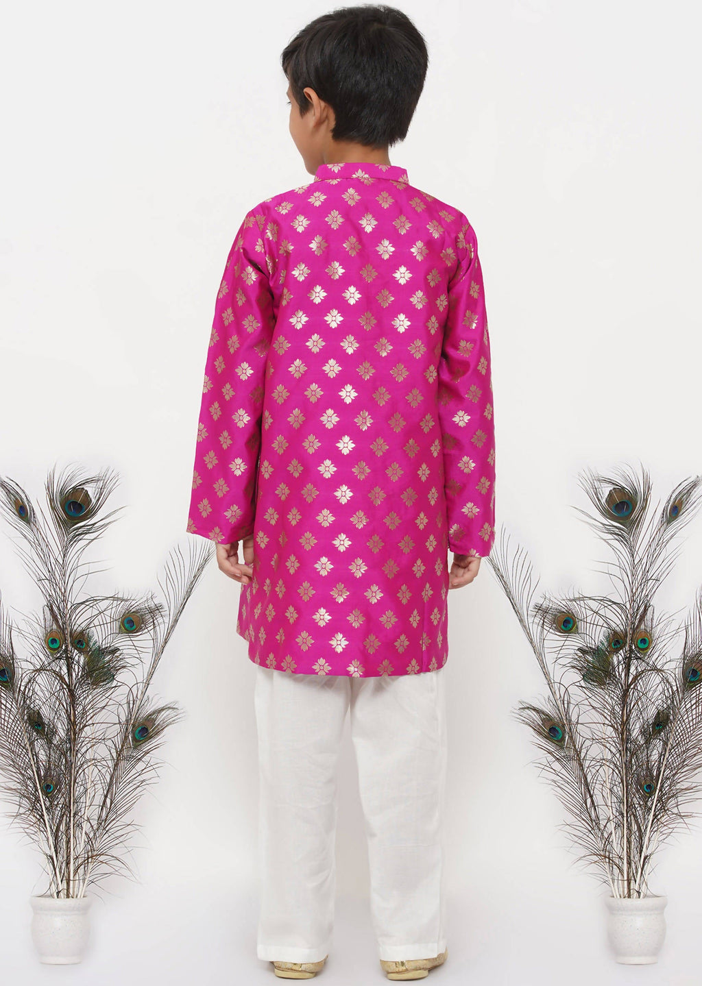 Little Bansi Boys Banarsi Silk Sherwani & Pyjama - Magenta & Cream