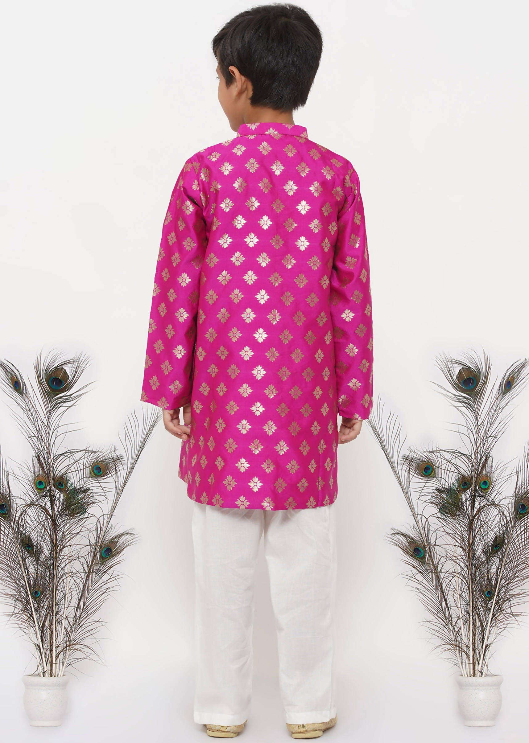 Little Bansi Boys Banarsi Silk Sherwani & Pyjama - Magenta & Cream