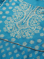 Yufta Women Teal Blue & Golden Printed Kurta with Trouser