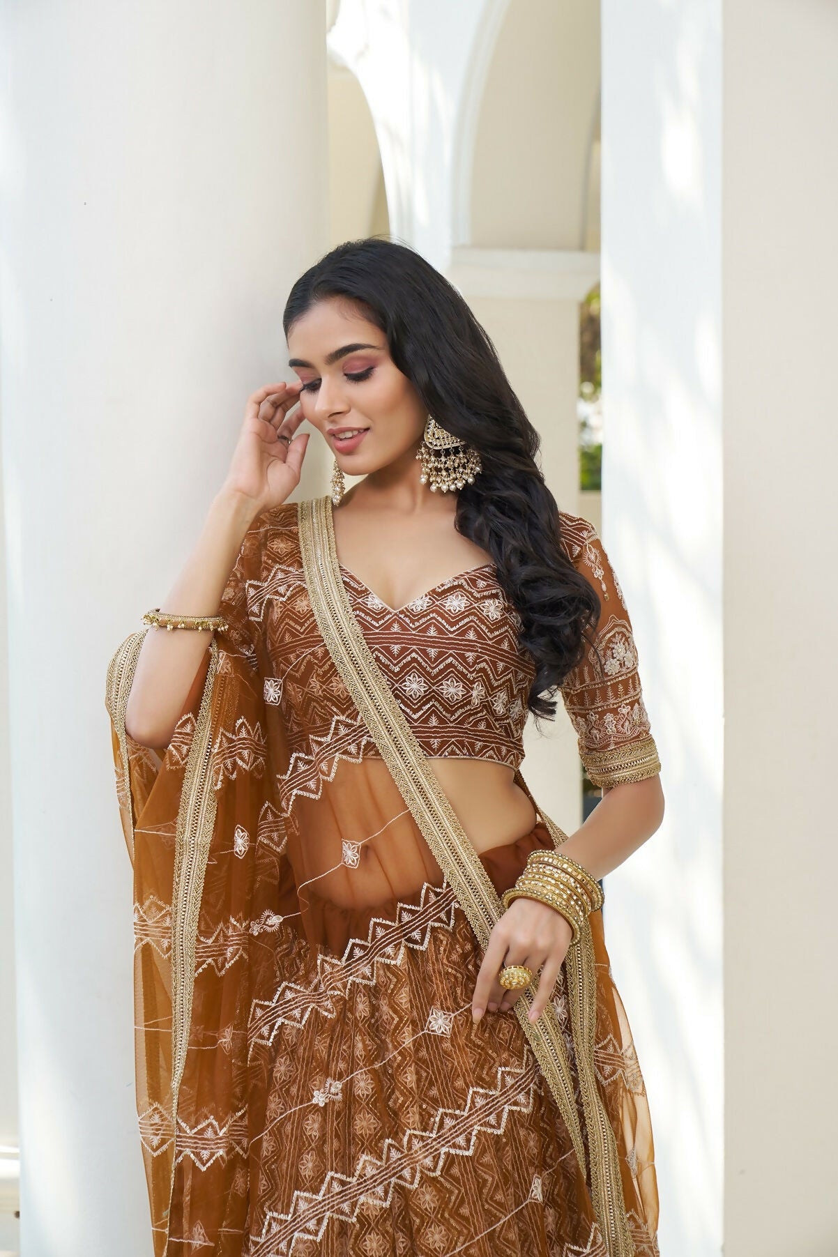 Eilara Glamorous Brown Butterfly Net With Thread And Sequence Embroidered Work Fancy Lace Lehenga Choli For Wedding
