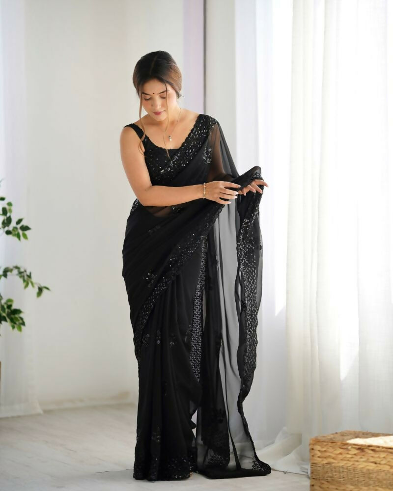Attractive Looking Georgette Thread, Sequance Embroidery Work Party Wear Saree - Black