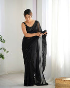 Attractive Looking Georgette Thread, Sequance Embroidery Work Party Wear Saree - Black