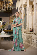 Vastranavya Green Spectacular Georgette Printed with Pearl Lace Saree with Unstitched Blouse - Distacart