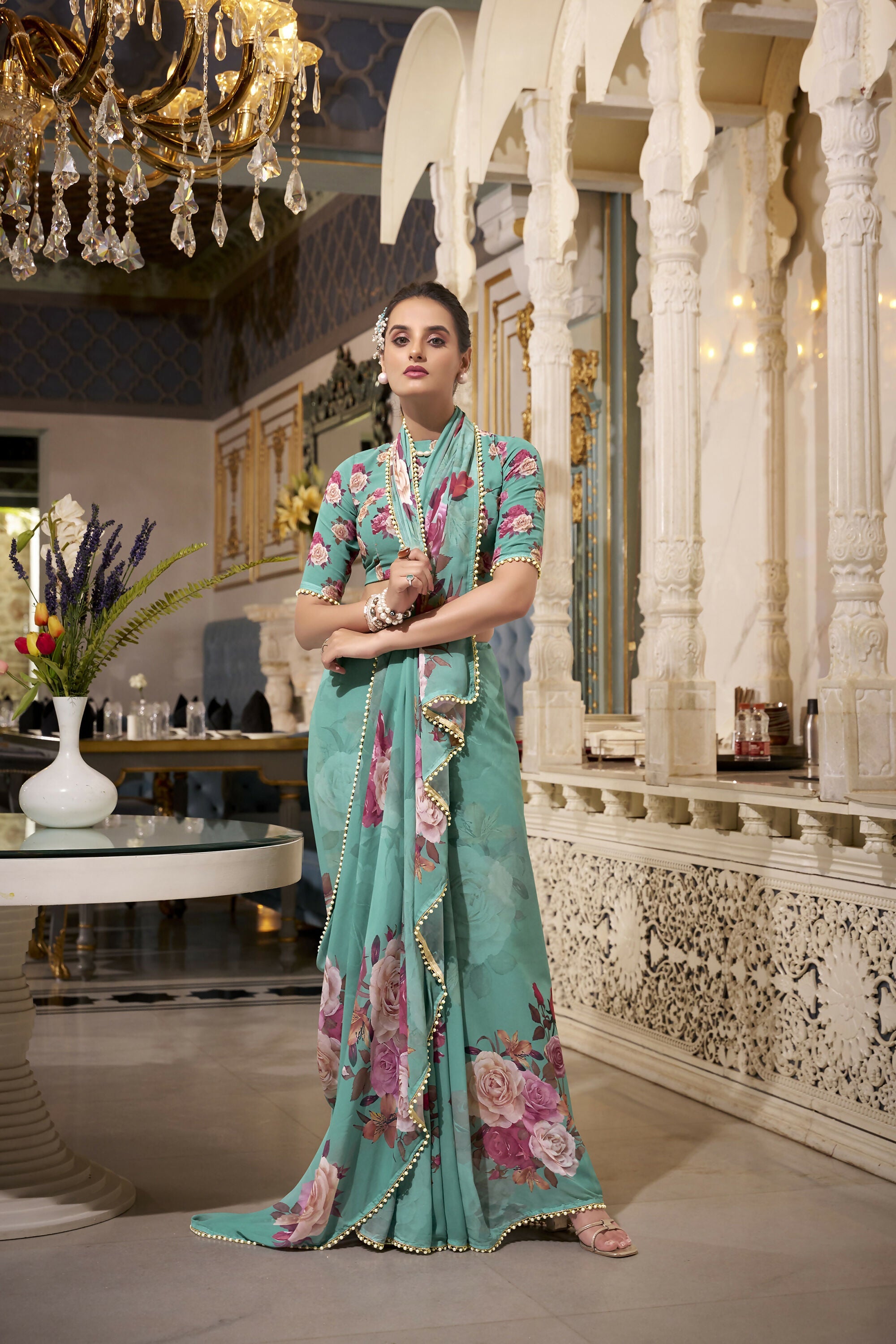 Vastranavya Green Spectacular Georgette Printed with Pearl Lace Saree with Unstitched Blouse - Distacart
