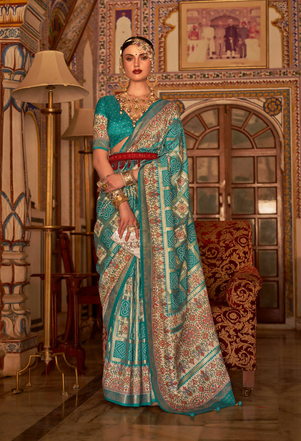 Rama Blue P V Silk Digital Print, Zari Work Printed Saree - Rewaa Parampara