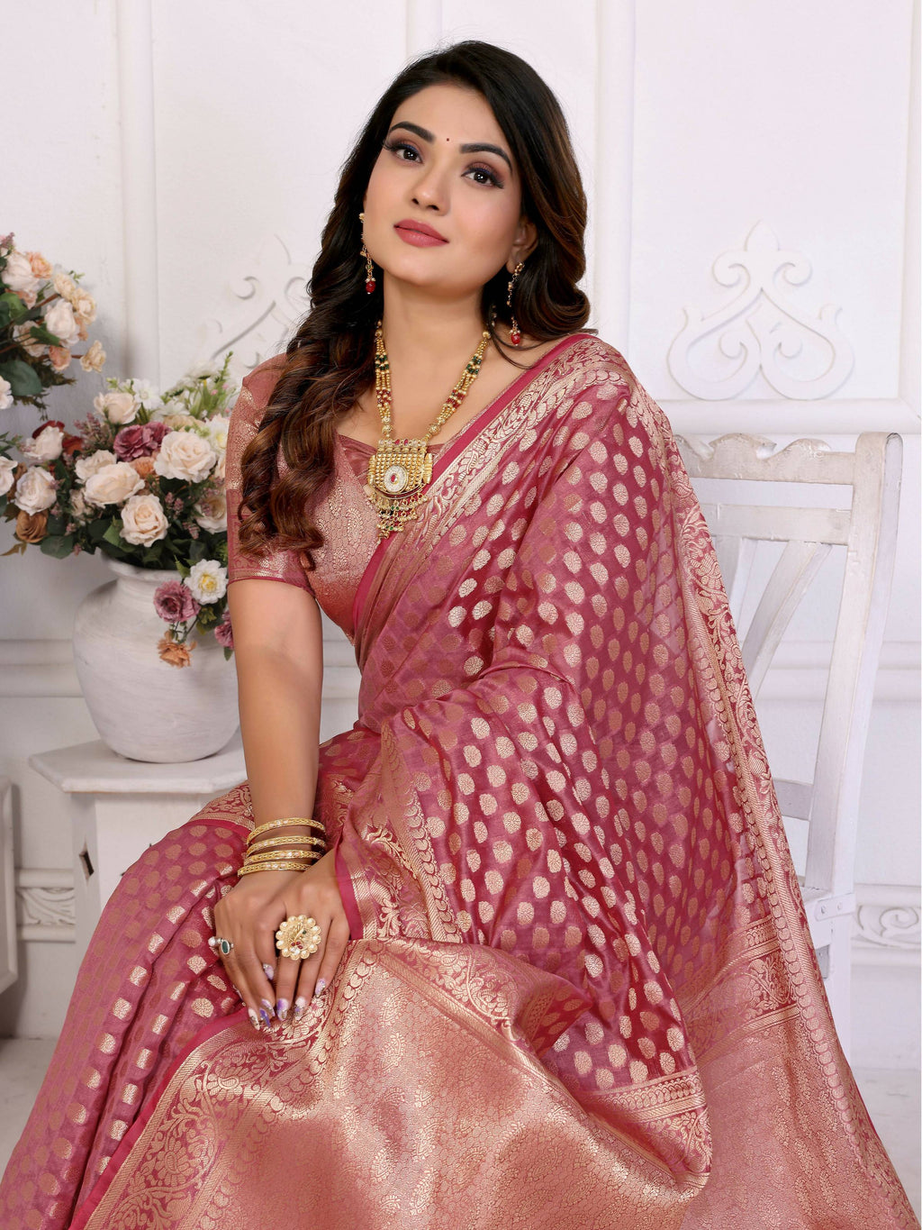 Aastha Fashion Light Pink Organza Silk Weaving Saree - Distacart