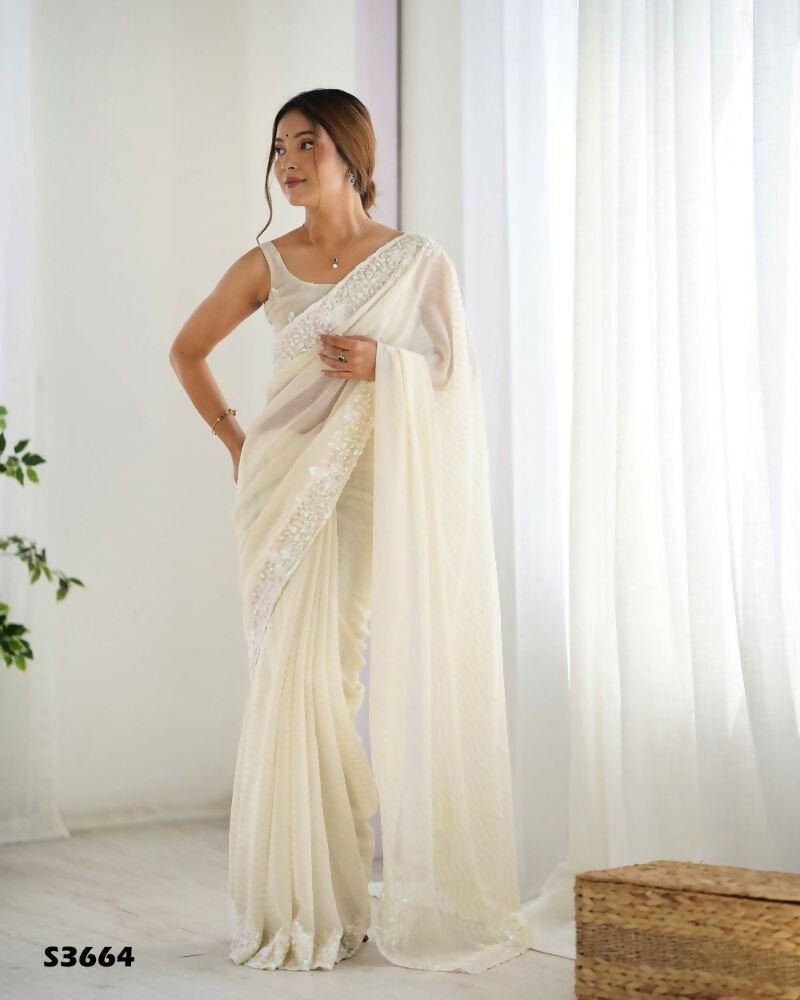 Georgette Designer Sequance Embroidery Work Party Wear Saree - Cream