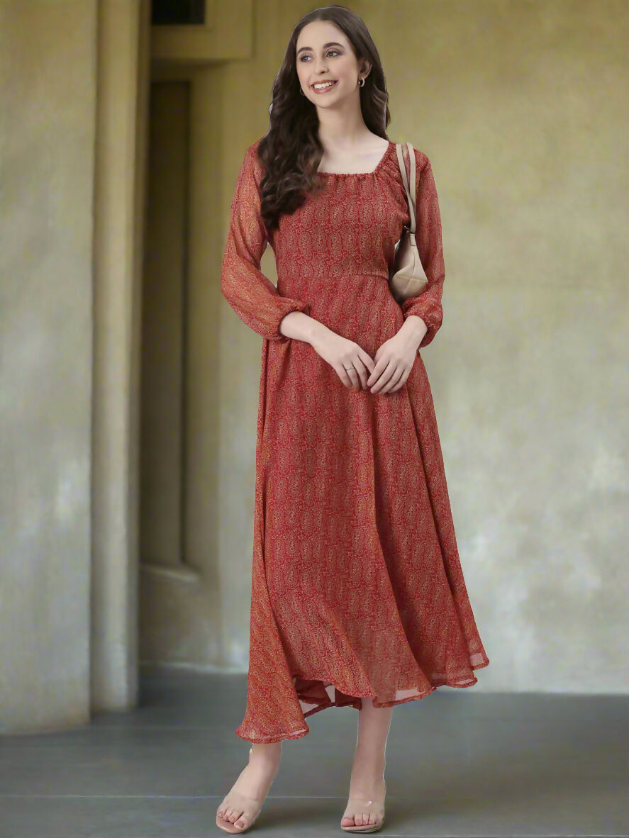 Souchii Rust Orange Printed Fit & Flare Dress