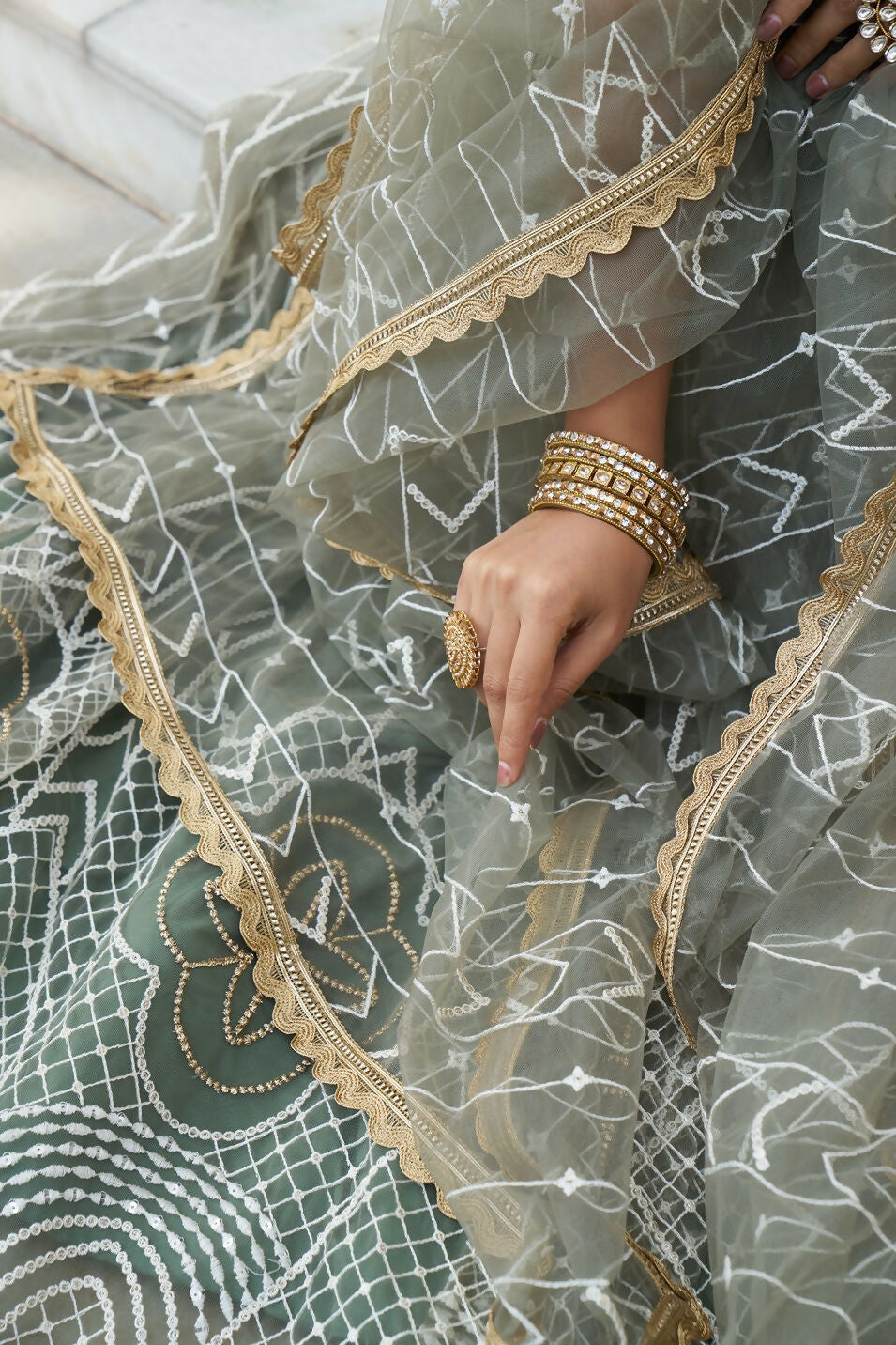 Eilara Glamorous Dusty Green Butterfly Net With Thread And Sequence Embroidered Work Fancy Lace Lehenga Choli For Wedding