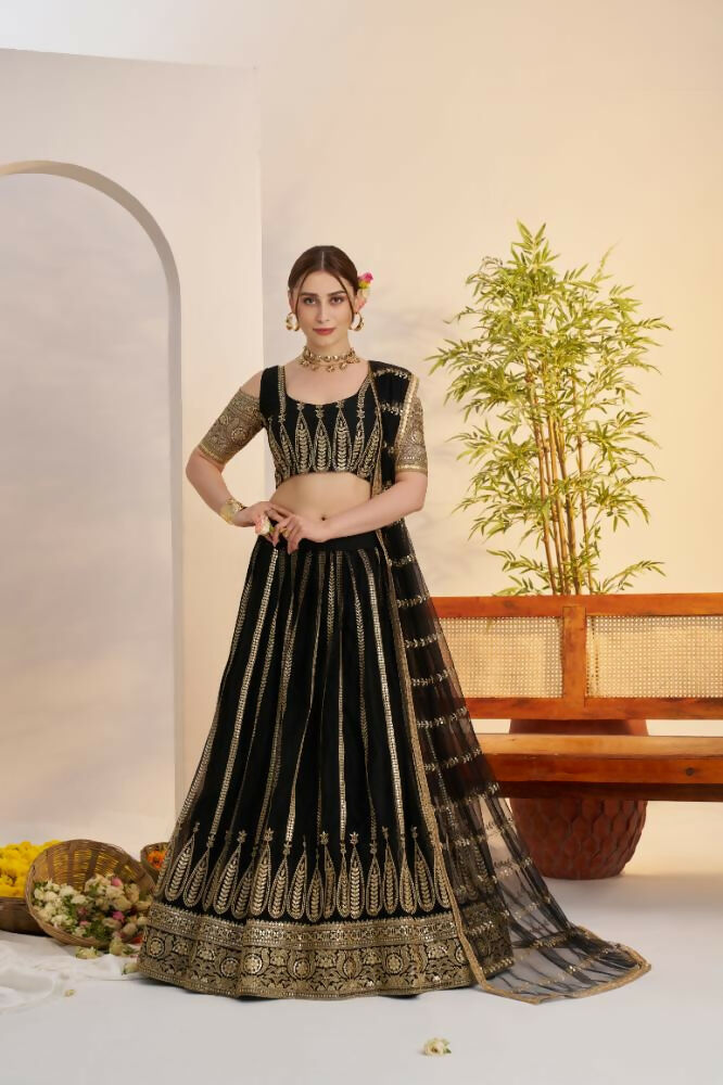 Aastha Fashion Black Butterfly Net Zari Work And Cotton Thread Work And Sequence Work Embroidery Wedding Wear Lehenga Choli