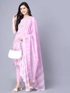 Myshka Cotton Printed 3/4 Sleeve Round Pink Women Kurta set - Distacart