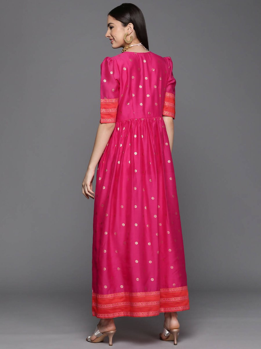 Ahalyaa Women's Pink Chanderi Gold Foil Print Dress - Distacart