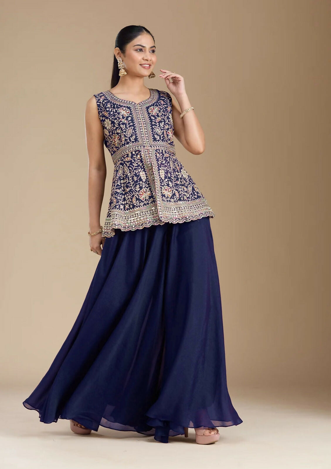 Teeya Creation Blue Color Star Georgette Party Wear Designer Peplum Sharara Set