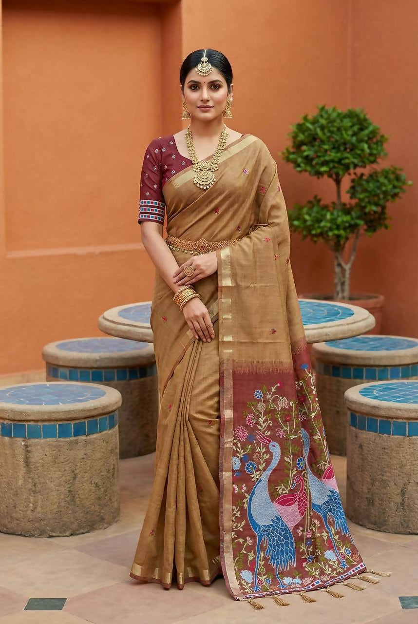 Vastranavya Cream Muga Cotton Meenakari & Azarakh Pallu Saree with Contrast Blouse - Distacart