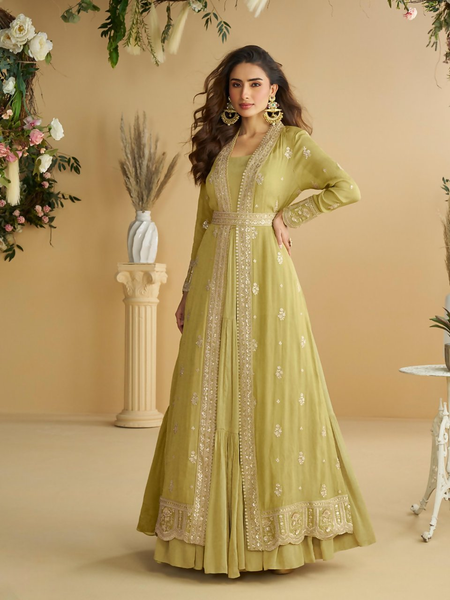 Anaita Mustard Chinon Silk Readymade Anarkali Shrug Gown with Belt & Embroidery Work
