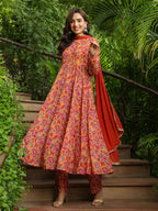 Janasya Mustard Georgette Floral Kurta,Bottom & Dupatta