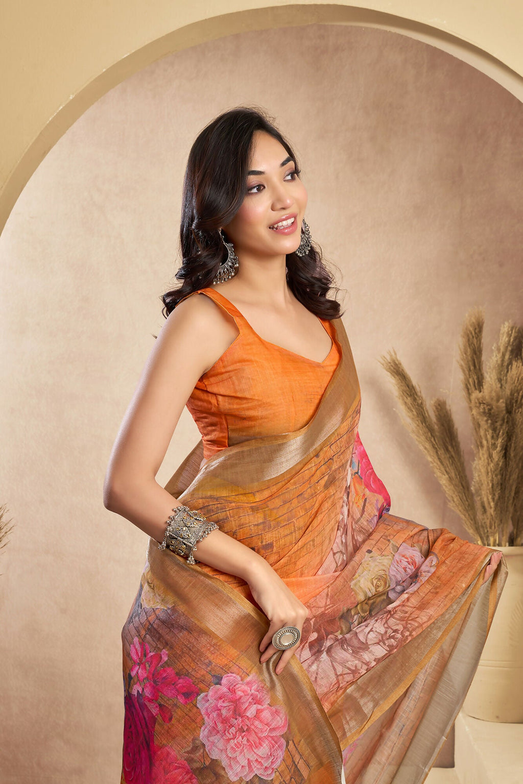 Vastranavya Orange Digital Printed Linen Ready To Wear Designer Saree with Unstitched Blouse - Distacart