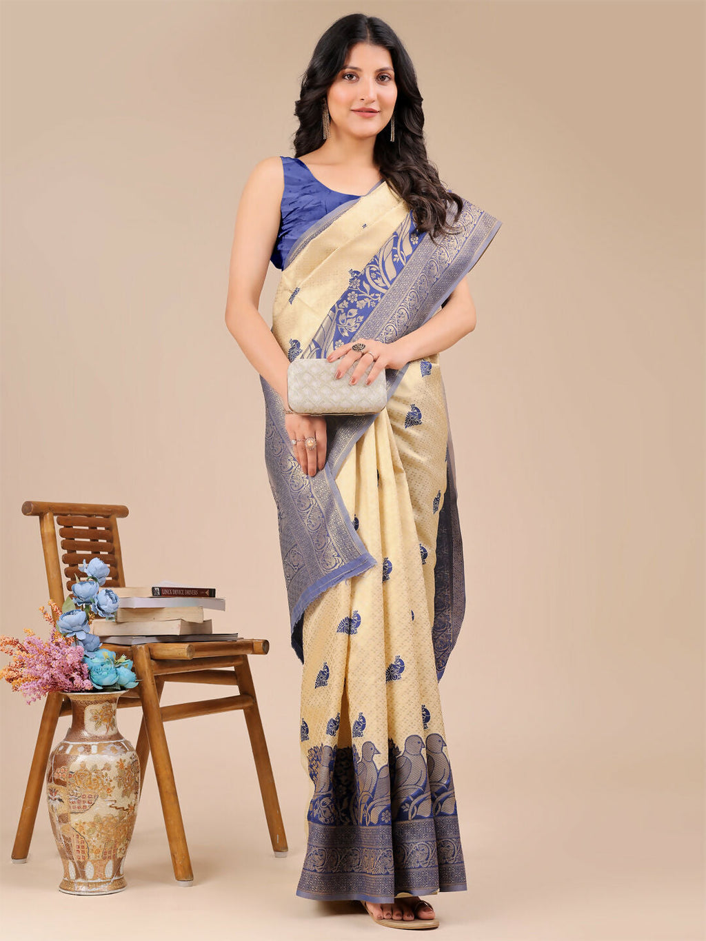 Shree Shyam Fashion Banarasi Silk Cream & Navy Blue Saree - Distacart