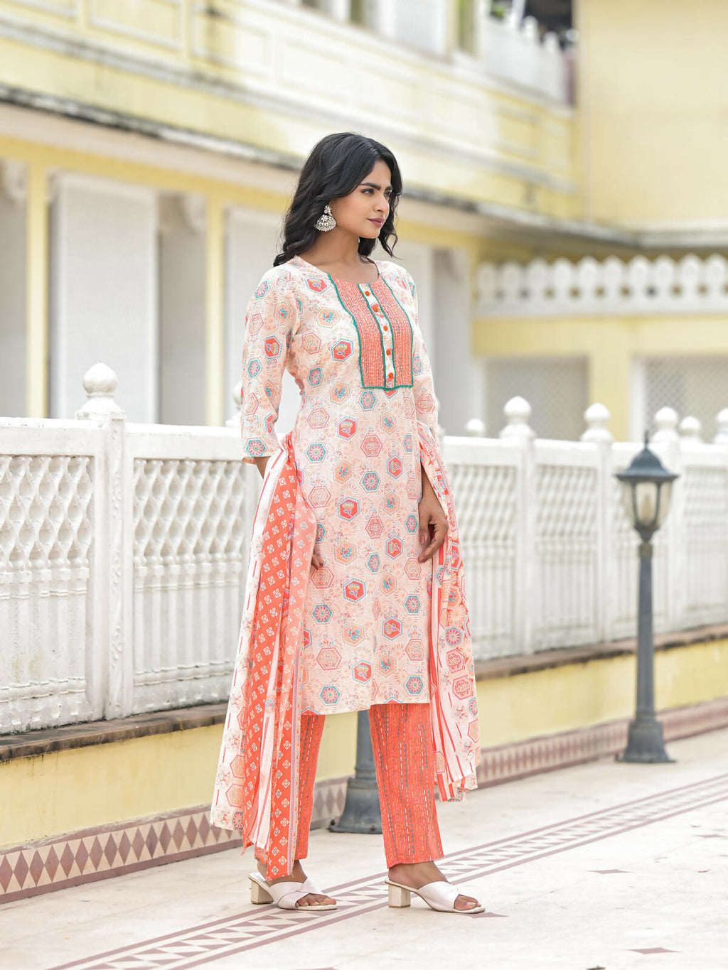 Juniper Women's Peach Floral Printed Cotton Kurta Pant With Dupatta Set With Sequins & Thread Work