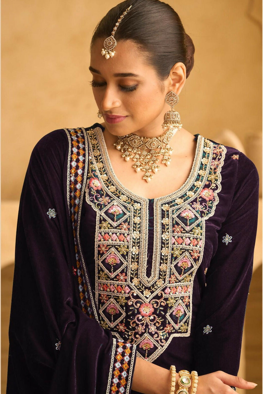 Anaita Dark Wine Embroidered with beads Velvet Stitched Plazo Suit - Distacart