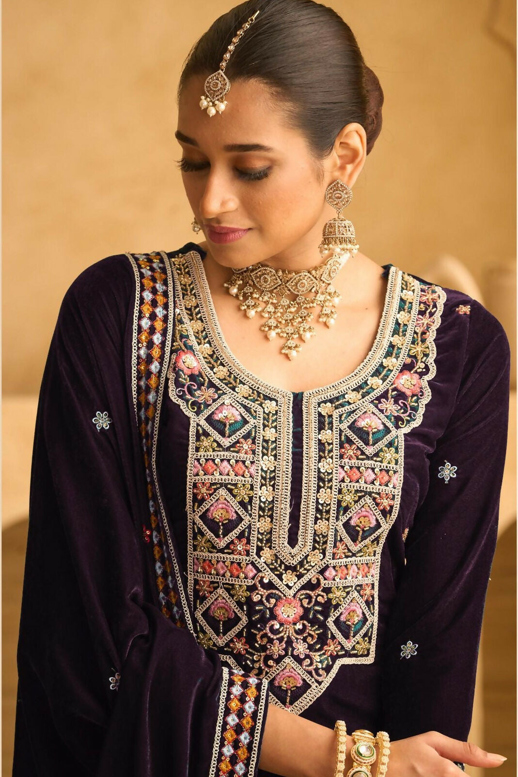 Anaita Dark Wine Embroidered with beads Velvet Stitched Plazo Suit - Distacart
