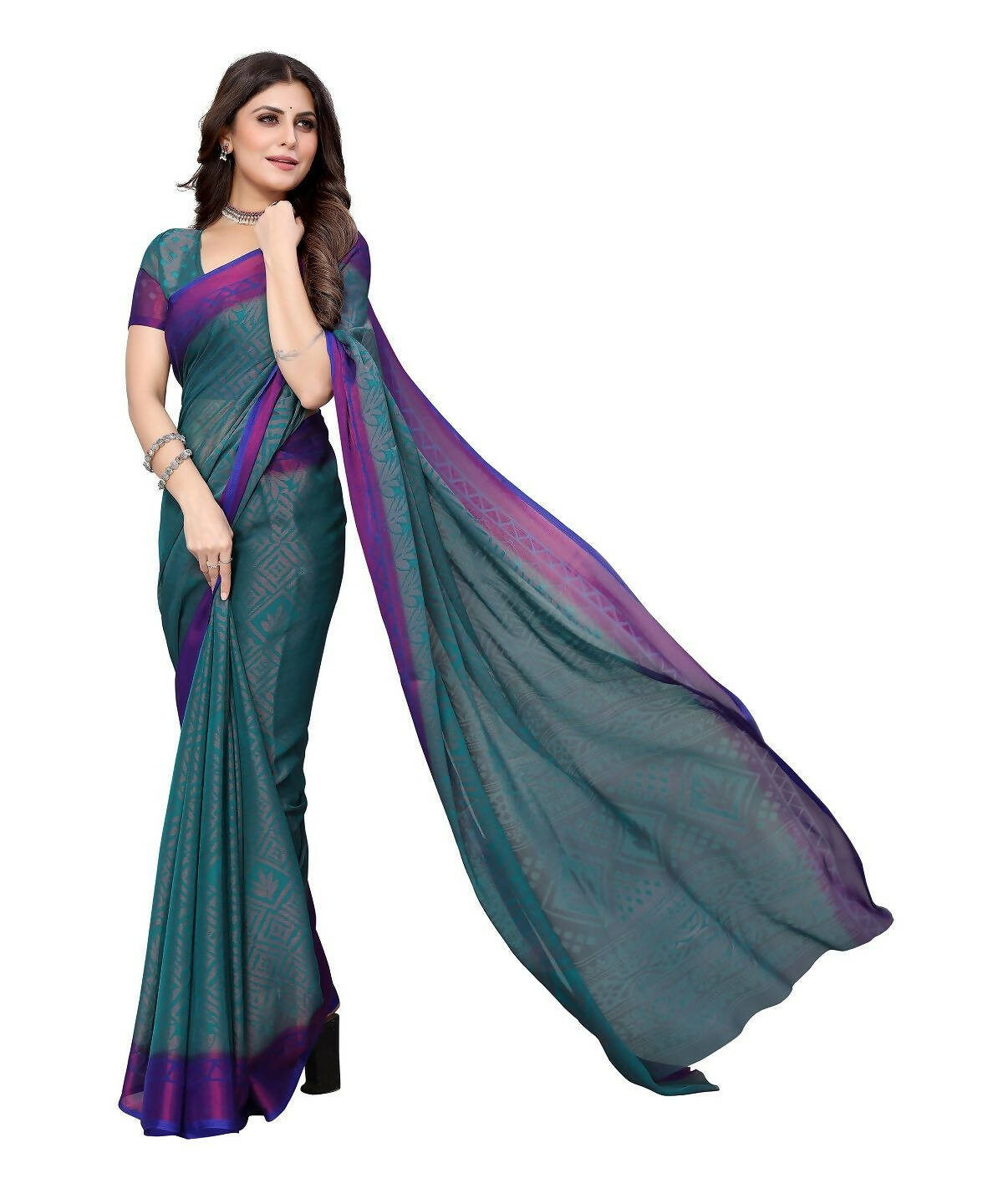 Vamika Rama Green Chiffon Brasso Bollywood Style Woven Saree (BAMBI RAMA) - Distacart