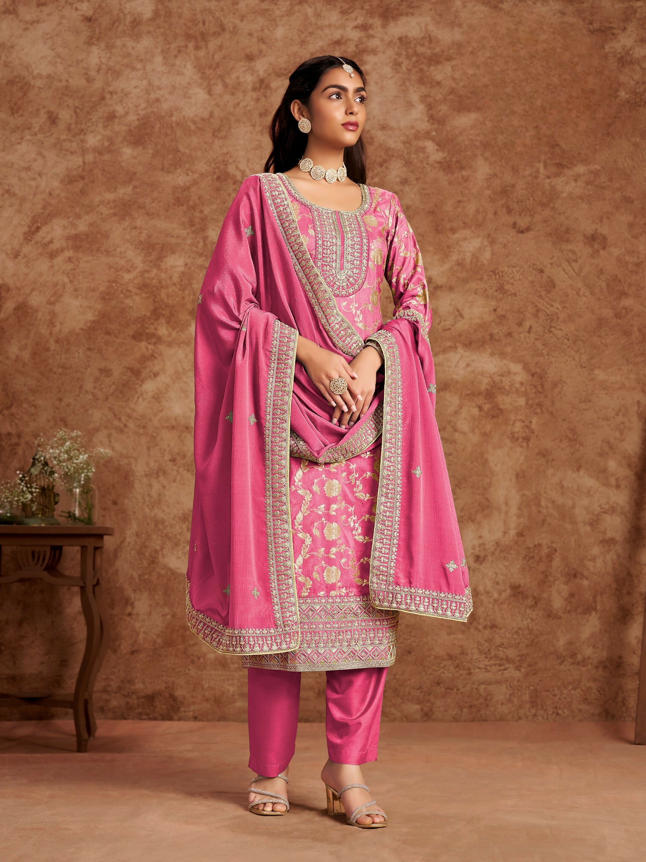 Anaita Pink Premium Dolla Jacquard Embroidered Stitched Salwar Suit - Distacart