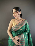 Joban Fashion Green Woven Zari Motifs Lichi Silk Banarasi Silk Saree - Distacart