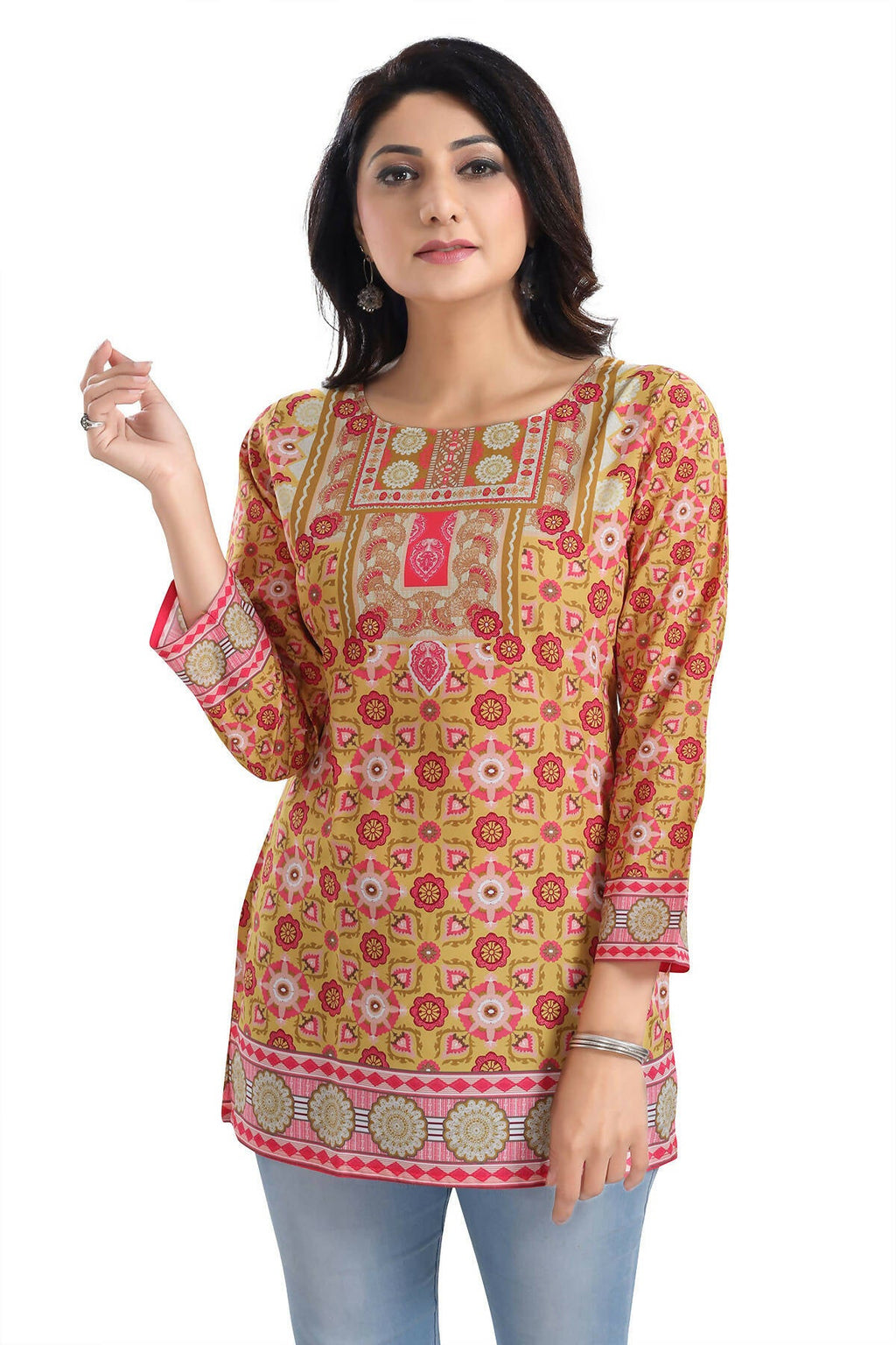 Snehal Creations Yellow Faux Crepe Short Kurti Tunic Top - Distacart