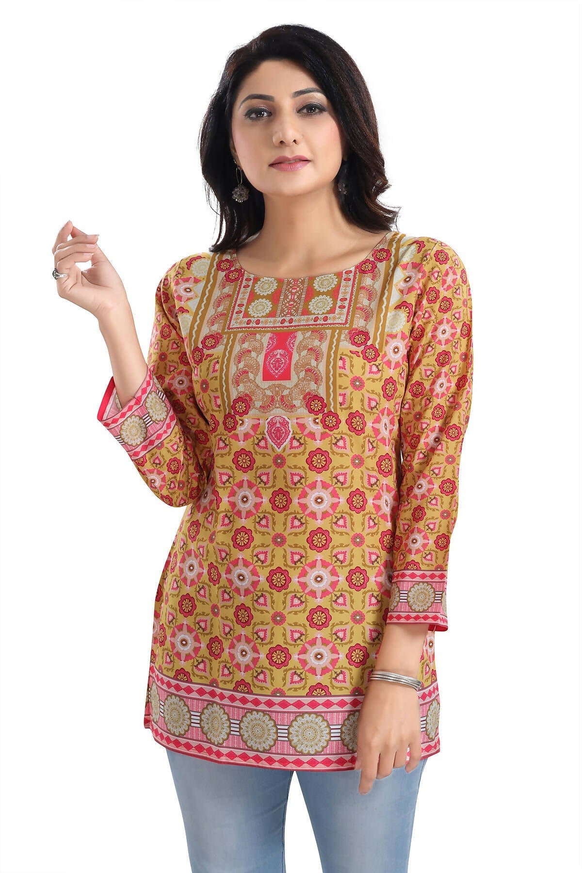 Snehal Creations Yellow Faux Crepe Short Kurti Tunic Top - Distacart