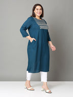 Sztori Plus Size Floral Yoke Design Thread Work Straight Kurta