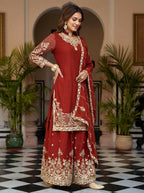 Teeya Creation Red Chinon Silk Designer Wedding Wear Embroidery Work Palazzo - Distacart