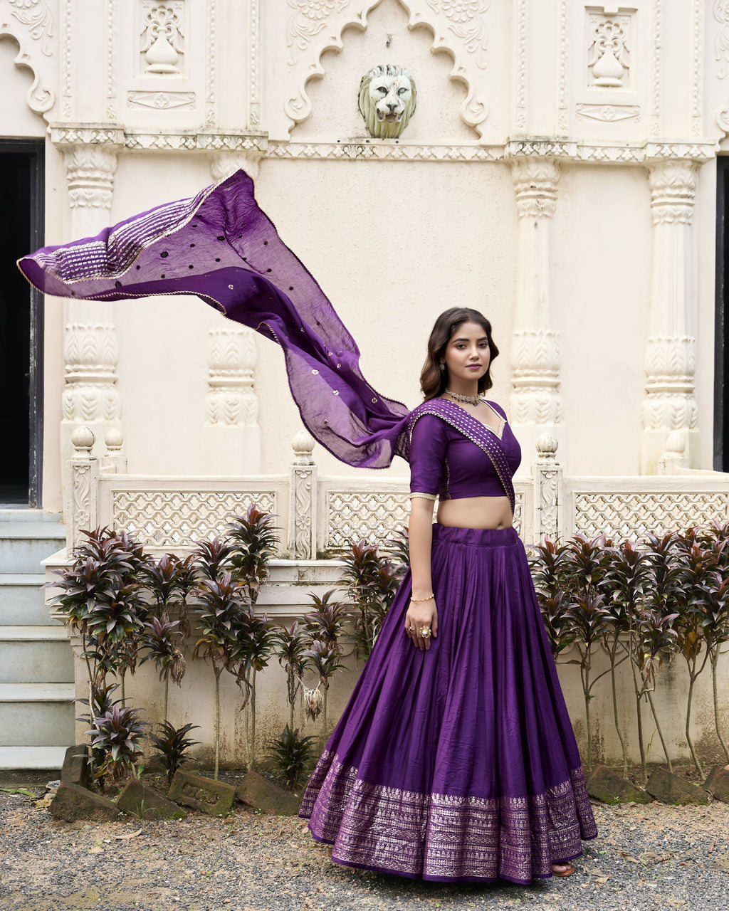 Lorenvalley Purple Pure Chanderi Plain With Zari Weaving Work Border Lehenga Choli