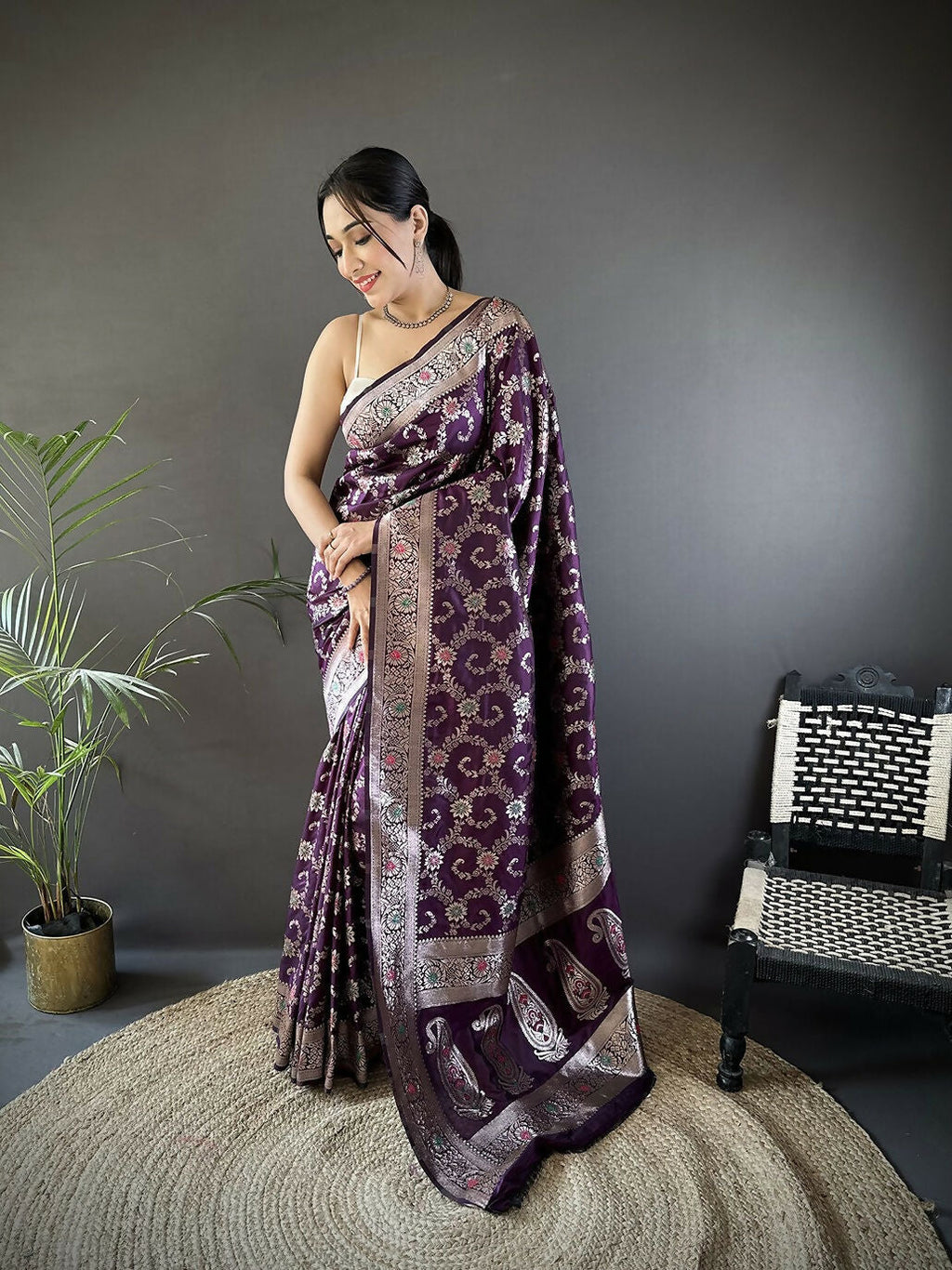 Joban Fashion Purple Meenakari Banarasi Silk Sarees