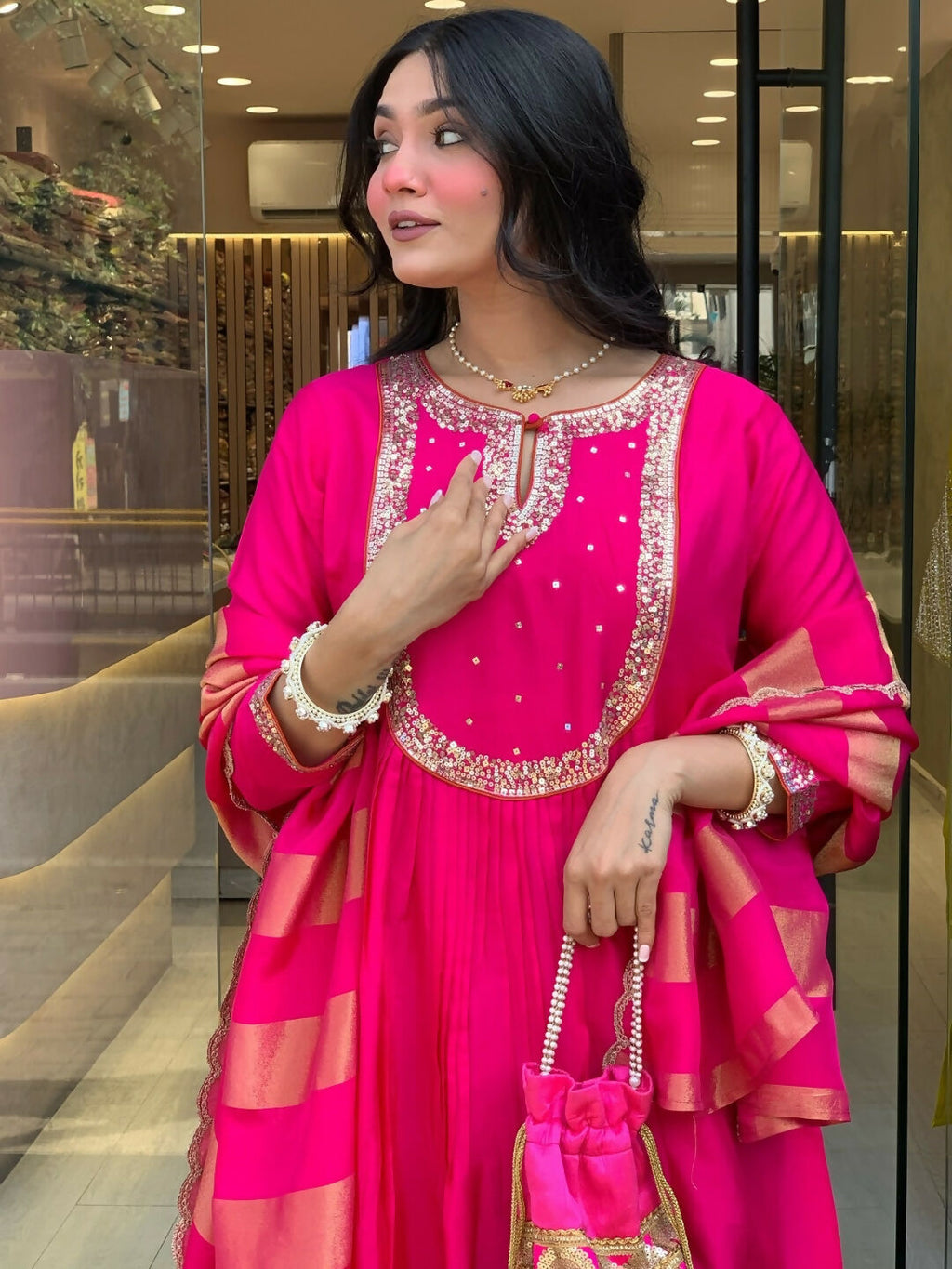 The52 Rani Women's Gorgeous Embroidered Work Chanderi Fabric Flared Kurta Pant and Dupatta Set - Distacart