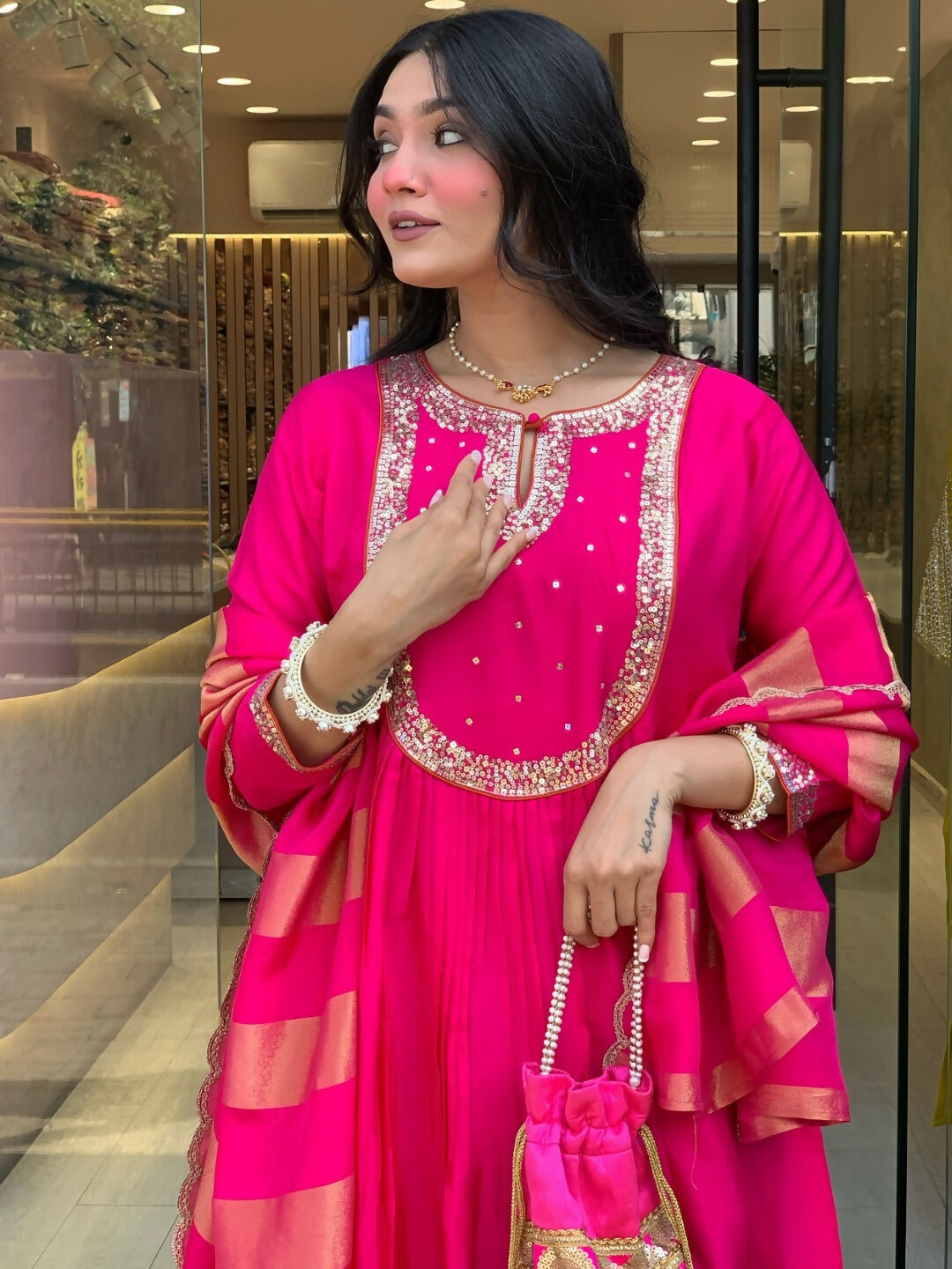 The52 Rani Women's Gorgeous Embroidered Work Chanderi Fabric Flared Kurta Pant and Dupatta Set - Distacart