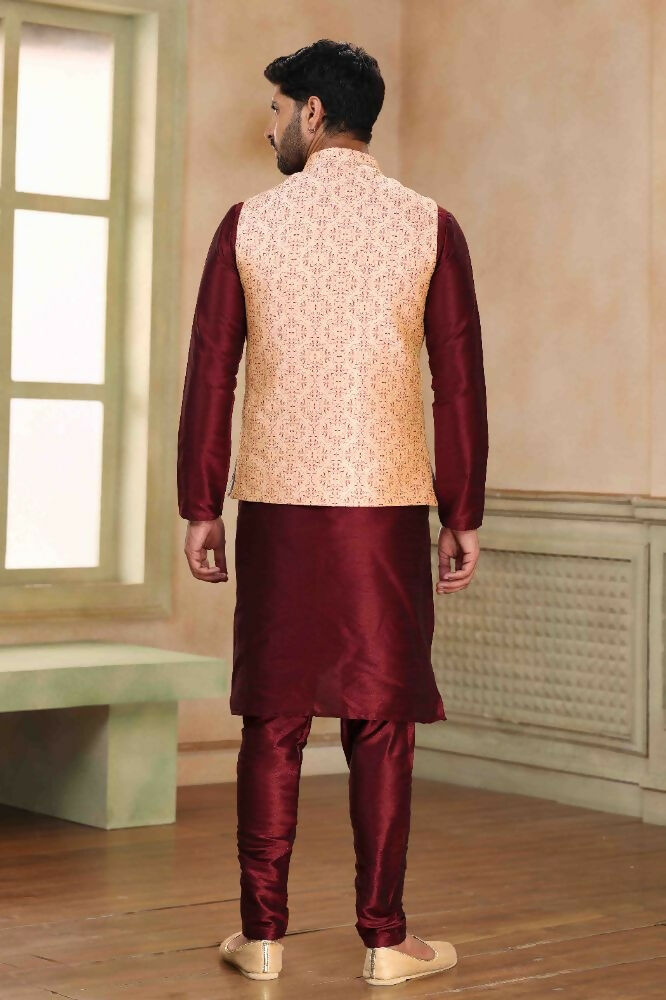 Raivat Ethnic Jacquard Banarasi Silk Woven Work 3 Pics Jacket Set In Beige Maroon Colour - Distacart