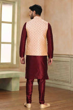Raivat Ethnic Jacquard Banarasi Silk Woven Work 3 Pics Jacket Set In Beige Maroon Colour - Distacart
