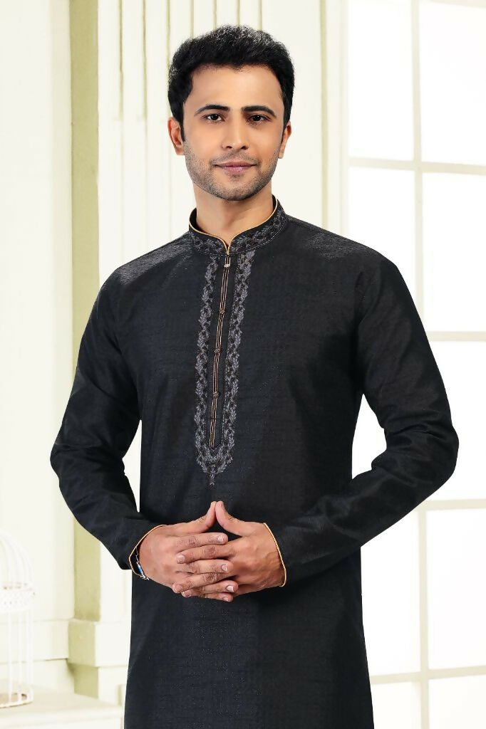 Raivat Ethnic Jacquard Banarasi Silk Thread Work Kurta Pajama In Black Colour - Distacart