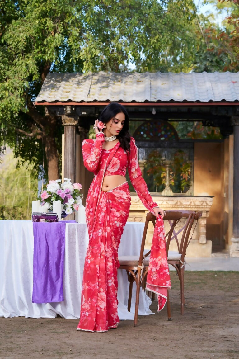 Vastranavya Red Weightless Marble Printed & Pearl Lace Border Saree with Unstitched Blouse