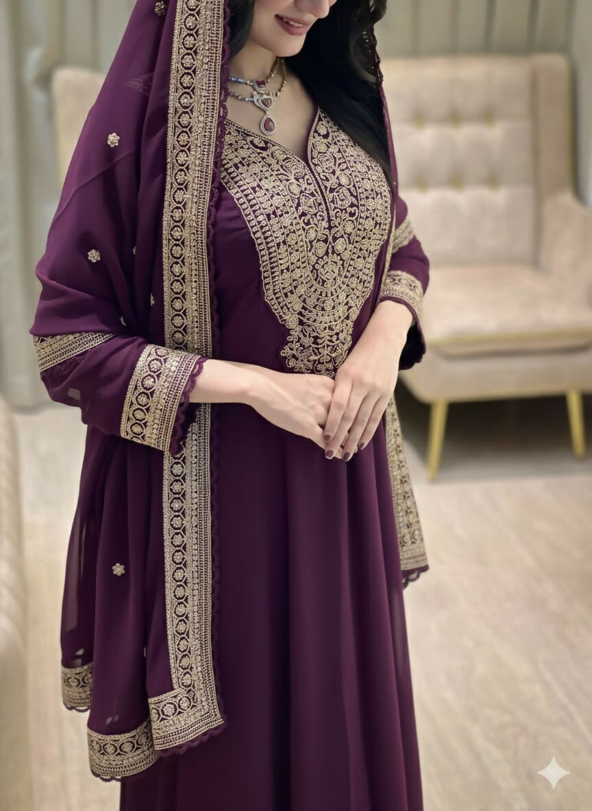 Teeya Creation Wine Color Faux Georgette Embroidery Work Long Party Wear Gown - Distacart