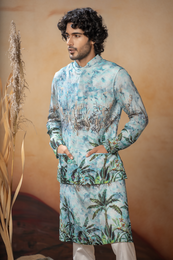Palm Trees Relaxed Hues Printed Silk Nehru Jacket Set by Hilo Design